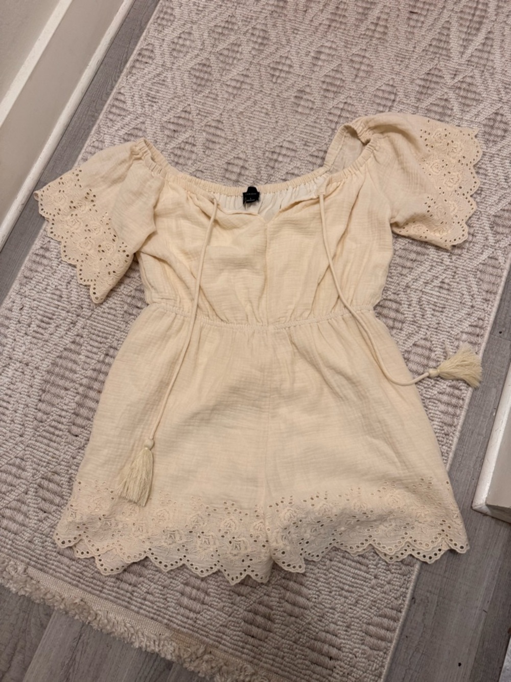 Lumiere Cream Eyelet Off-Shoulder Romper